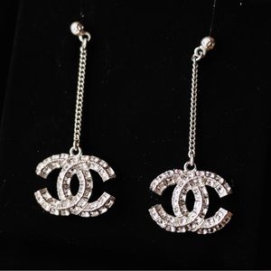 Chanel Silver CC Princess Square Crystal Dangle Long Piercing Earrings